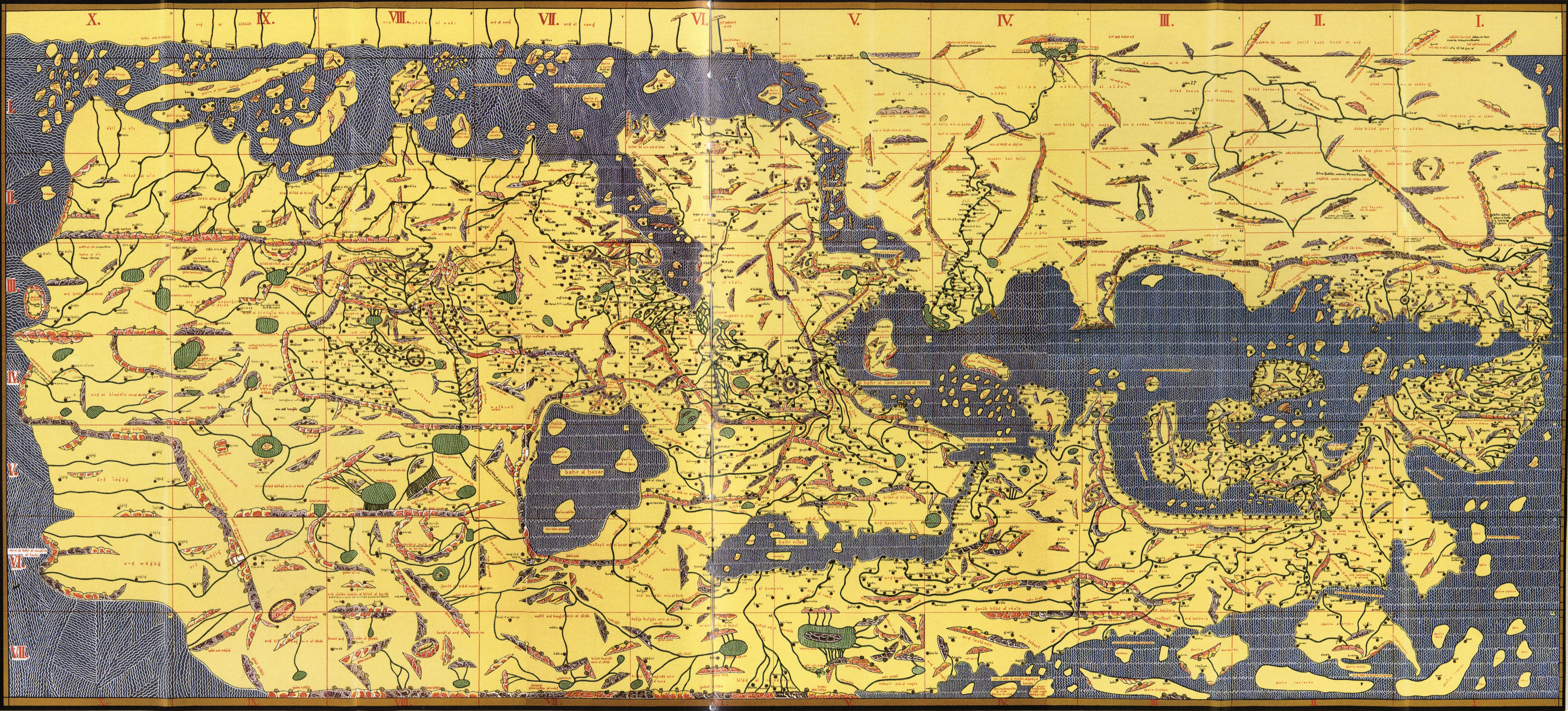Al-Idrisi's 1154 world map, the Tabula Rogeriana, drawn with south at the top.