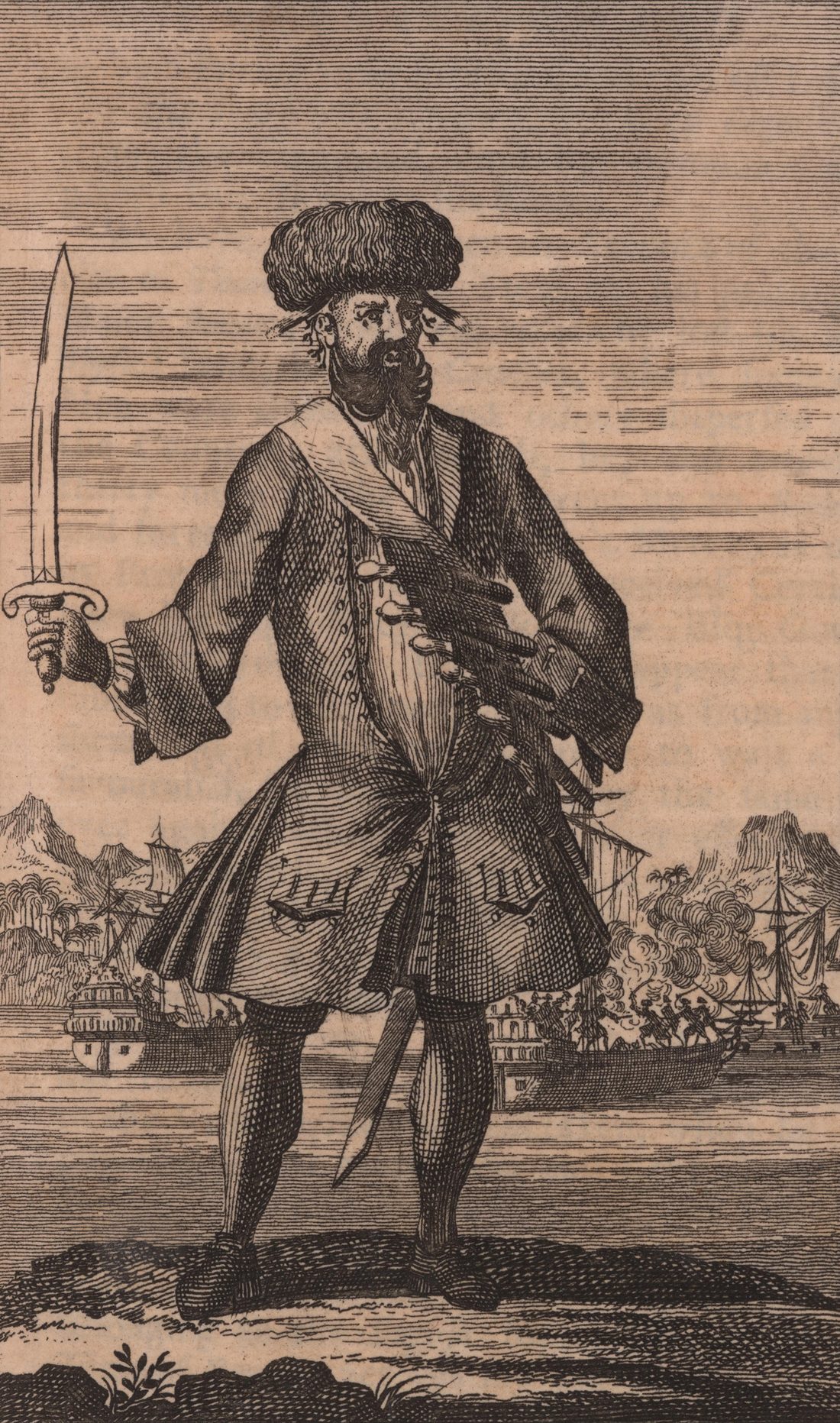 1724 engraving of Edward Teach (Blackbeard) heavily armed.
