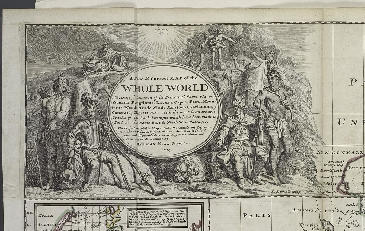 The decorated title cartouche of Moll's 1719 map: figures around an oval title, a god shining in the clouds, a lion at the base.
