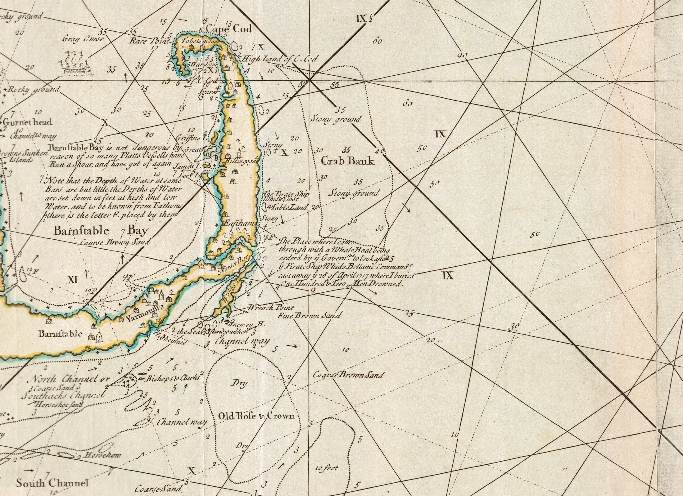Cyprian Southack's chart of Cape Cod from his New England Coasting Pilot (based on his 1717 survey): the outer Cape from Race Point to Barnstable, with the Whydah wreck marked in Southack's own hand near Wellfleet — the label 'The Pirate Ship Whido lost' and his note about burying 102 drowned men. No red X; this is the clean Boston Public Library scan.