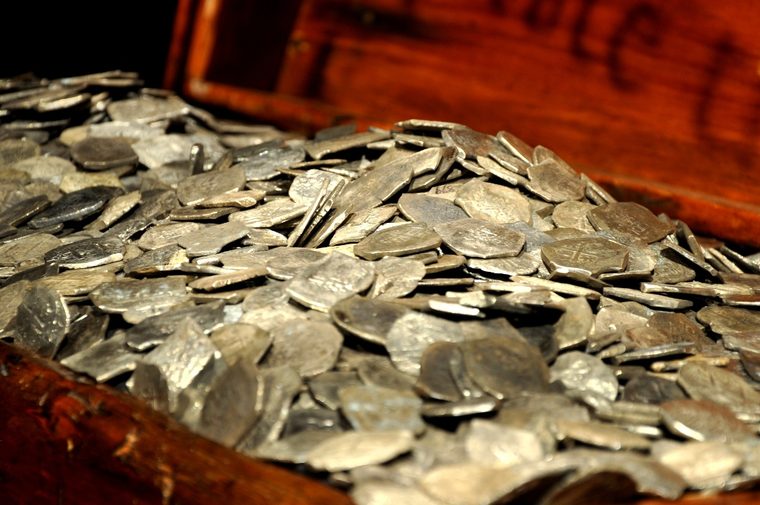 Spanish silver coins (pieces of eight) recovered from the Whydah wreck.